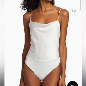 Alice + Olivia Harmon White Satin Bodysuit